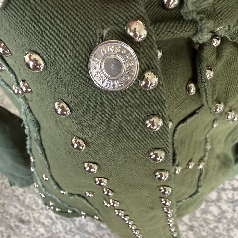 Hengsheng Jeans Olive Studded Cropped Jacket Boho Western Medium - Picture 5 of 7